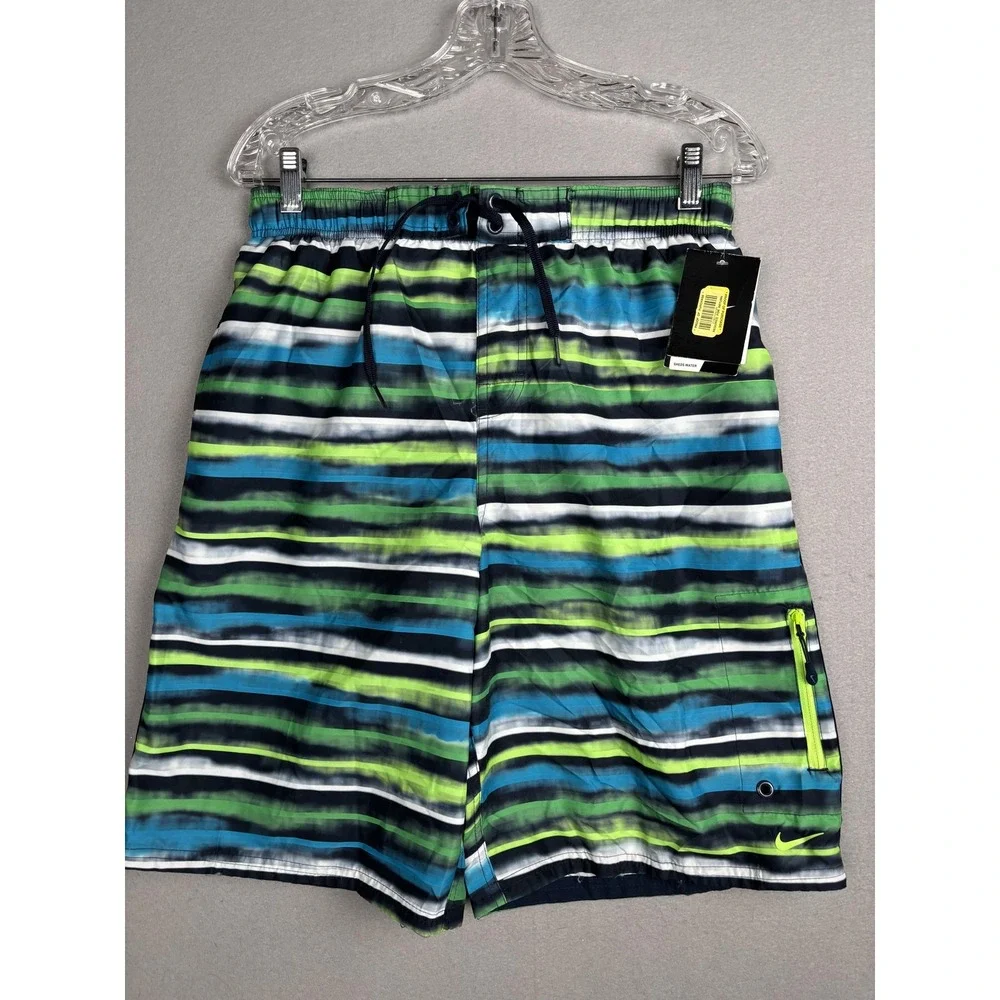 Nike Swim Shorts Mens Medium Blue Green Striped Board Shorts Sheds Water Pool